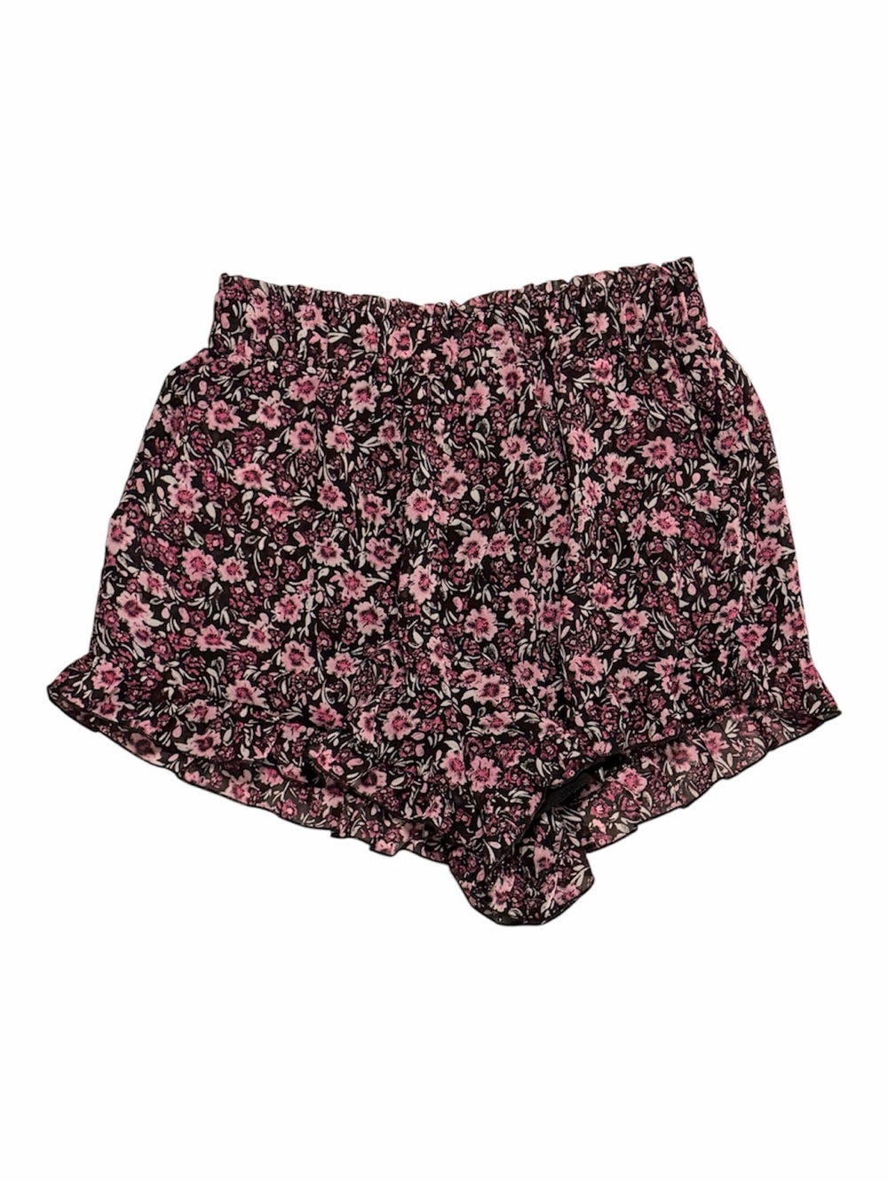 High-Waist Floral Ruffle Hem Shorts — Pink on Black Size Small - Picture 3 of 6